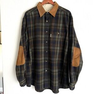 Woolrich Mens Griffin Plaid Shirt Suede Elbow Patches Size XL Green Brown Navy